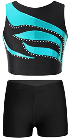 Runhomal Turnanzug Mädchen Zweiteiler Tanzkleidung Gymnastikanzug Glänzende Crop Top Kurz Oberteil Shorts Tanzshorts für Tanz Gymnastik Fitness Blau 158-164