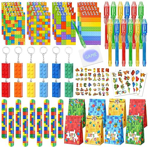 72Pcs Kindergeburtstag Mitgebsel Jungen Bausteine Party Geheimstift Zauberstift Mini Notizbuch Bauklötze Schnapparmband Schlüsselanhänger Tattoo Building Bricks Themen Regenbogen Party Geschenk