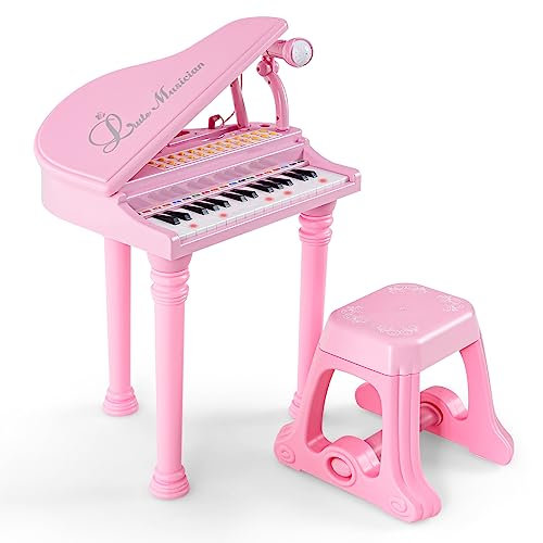 GYMAX 31/37 Keys Kids Piano and Stool, Electronic Keyboard Children Grand Piano with Microphone, LED Teaching Mode & Record Playback, Musical Instrument Toy for Girls Boys Age 3+ (31 Keys, Pink)