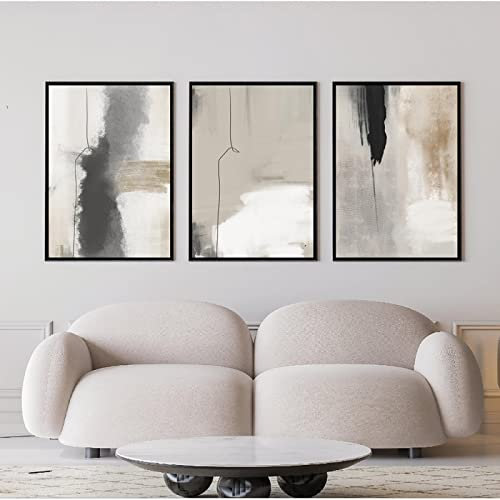 GEMMII Beige Schwarz Grau Leinwand Druck Wandbild, Gemälde, abstrakte Aquarell-Poster und Drucke, moderne minimalistische Wandkunst, Bilder, 60 x 75 cm x 3, rahmenlos
