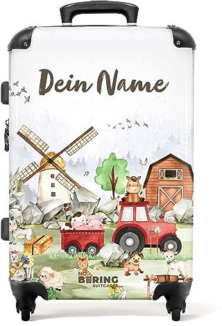 NoBoringSuitcases.com® Fotokoffer personalisiert, Kinderkoffer, 67x43x25cm - Kinder reisekoffer, Kinderkoffer Jungen - Hartschalenkoffer - Bauernhoftiere Mittelgroß mit Rollen - Koffer mit Namen