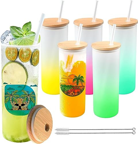 Lot de 6 gobelets en verre givré de sublimation - 750 ml - Changement de couleur - Verres vierges pour canette de bière - Avec couvercle et paille - Pour café glacé, jus, soda