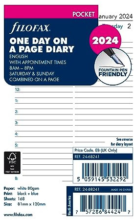 Filofax Kalender-Tagebuch-Nachfüllung, Taschenformat, Tag auf einer Seite mit Terminen, liniert, weißes Papier, Englisch, 2024 (C68241-24)