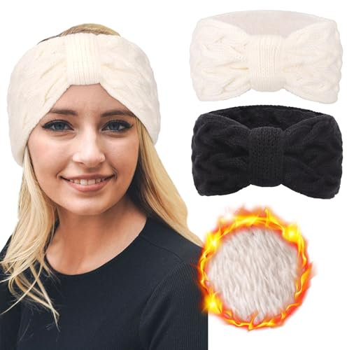 DRESHOW Femmes Chaud Tricoté Bandeau Hiver Oreille Plus Chaud Crochet Tête Enveloppe épais Polaire Doublure Cheveux Bandes, Taille unique, 2pcs Set82-06