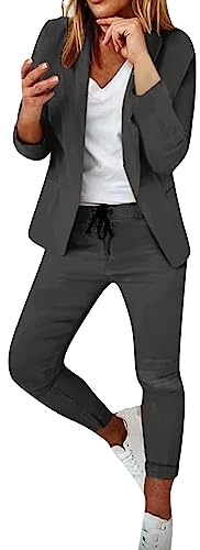 L9WEI Blazer para mujer, elegante, de manga larga, conjunto de chaqueta, monocolor, corte ajustado, solapa, chaqueta de oficina y pantalones largos, traje de solapa de negocios