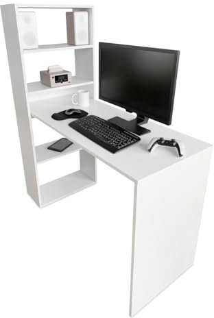 Mattfy - Mesa de Escritorio Multifuncional con Estantería Integrada, Acabado en Blanco, Ideal para Espacios de Trabajo y Estudio, Medidas: 122 cm (Ancho) x 53,2 cm (Fondo) x 140 cm (Alto)
