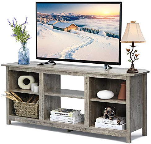 COSTWAY TV Stand for TVs up to 65 Inches, Wooden TV Cabinet Media Entertainment Center with 6 Open Storage Shelves, Living Room Bedroom TV Unit Console Table for 18 Electric Fireplace (Grey)
