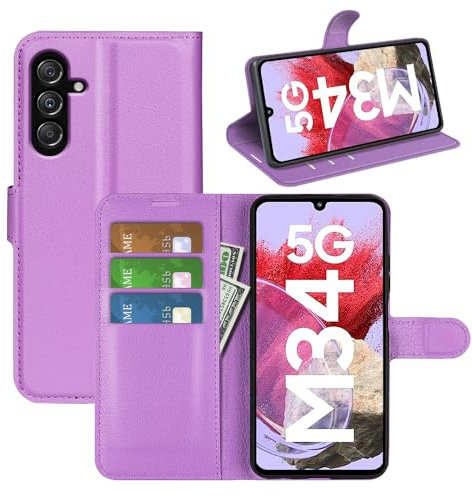 Fertuo Cover per Samsung Galaxy M34, Custodia Portafoglio Cover a Libro in Pelle Flip Case con Silicone Bumper, Fibbia Magnetica, Porta Carte, Kickstand, per Samsung Galaxy M34, Viola
