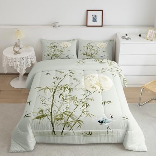 Juego de edredón de bambú, juego de ropa de cama de dibujos animados de grulla luna, para niños, niñas, mujeres, adultos, edredón de arte de tinta, hojas de bambú verde, juego de edredón acolchado