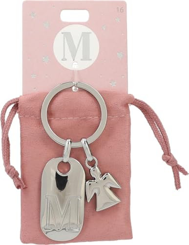 Depesche Depesche-11800-016 11800-016 Llavero de Plata con Letra M y ángel de la Guarda, aleación de cinc, Incl. Funda de Terciopelo de Color, Multicolor, Talla única