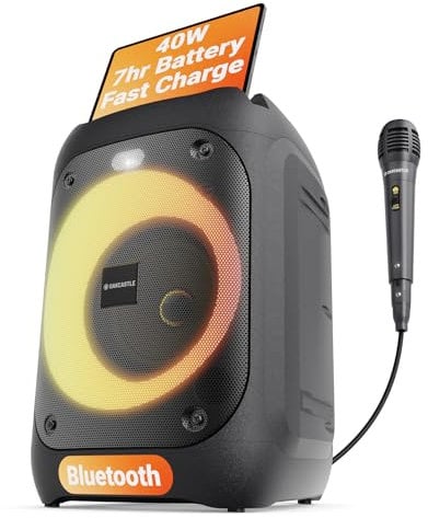 Portable Bluetooth Party Speaker | 40W Power & Rechargeable Battery up to 7H | Karaoke machine 2.0 Stereo PA Speaker with Wired Microphone Included | Party LED Lights & EQ Control | Oakcastle PS100