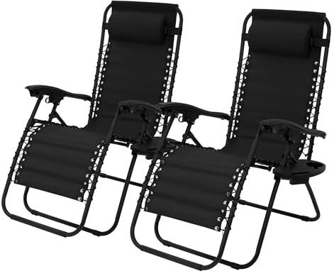 ML-Design 2er Set Sonnenliege klappbar, Schwarz, Liegestuhl mit verstellbarem Kopfpolster & Rückenlehne, Gartenliege mit Schnürsystem, Zero Gravity Outdoor Relaxliege, Gartenstuhl mit Getränkehalter