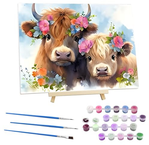 EOBROMD Malen Nach Zahlen Erwachsene mit Rahmen Kuh, Tiere Malen nach Zahlen Faltenfreie Leinwand und Holzstaffelei, DIY Blume Handgemalt Ölgemälde Kit für Anfänger Als Geschenk 30x40cm