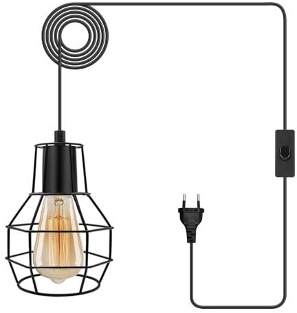 Vintage Hängelampe mit Stecker, E27 Retro Pendelleuchte mit Schalterl,Industrielle Metall Lampenschirm Hängelampe E27 Lampenfassung mit Kabel 450cm, Camping Lampe Hängend, Küchenlampe Esszimmerlampe