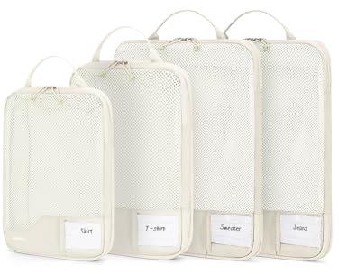 ECOHUB 4-Teilige Kompression Koffer Organizer, Packing Cubes mit Tag, Recycelten Packwürfel Set für Rucksack & Koffer, Maschenverstärkung Packtaschen für Koffer, ReiseOrganizer, Patent Anhängig(Beige)