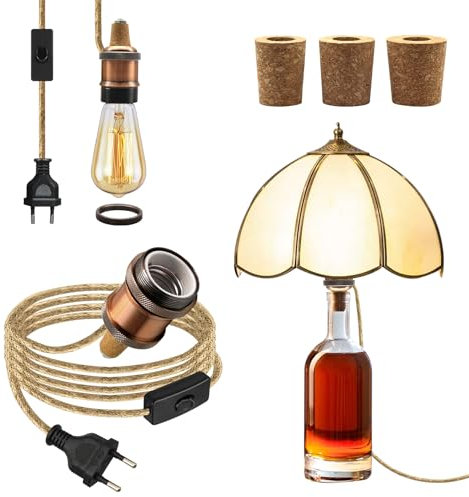 Lampenfassung für Flaschen, E27 Flaschenfassung Bronze mit Stecker und Schalter, Flaschenadapter Lampe mit Kabel Hanfseil 240cm,Keramik Fassung Flaschenlampe Aufsatz für Tischlampe,3 Arten von Korken
