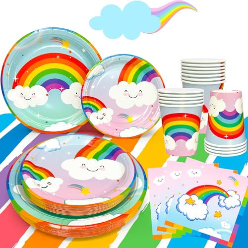Vajilla de Arcoiris para Niñas,141pcs Juego de Vajilla de Fiesta Arcoíris Incluye Platos Arcoiris Cumpleaños Servilletas Vasos Mantel Arcoíris etc Vajilla de Cumpleaños Arcoiris (20 Invitados)