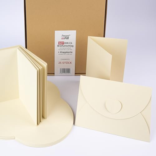 PresentFill® - blanko Falt-Karten inkl. Briefumschläge mit Herz Verschluß - 50er Set - Chamois Creme Beige - Klappkarten zum selbst gestalten, beschriften oder bedrucken - DIN A6 / C6