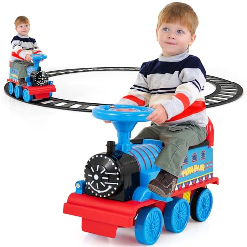 COSTWAY Kids Electric Ride on Train with Tracks, Storage Seat, Flashing Lights & Music, 6V Battery Powered Ride on Toy Car for Children Toddler Gifts (Navy Blue)