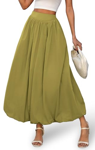 ELLEVEN Women's Bubble Maxi Skirt with Pockets，Elastic Waist Puffy Hem Y2k Skirt Casual A Line Long Skirts