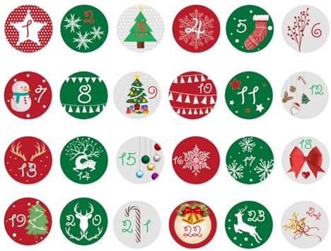 Adventskalender Aufkleber, 24 Adventskalender Sticker, 24 Verschiedene Adventskalender Zahlen Aufkleben, Countdown-Festtagskarten-Versiegelungsetiketten Für Die Feiertage