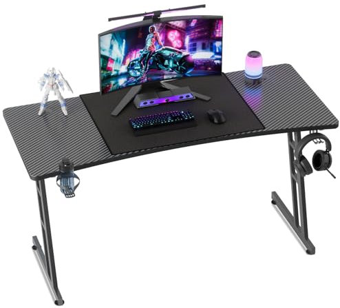 Kuro-sagol Bureau Gaming 140 x 60 cm, Bureau Gamer Informatique Ergonomique en Fibre de Carbone, Table Gaming avec Porte Gobelet et Crochet pour Casque, Noir
