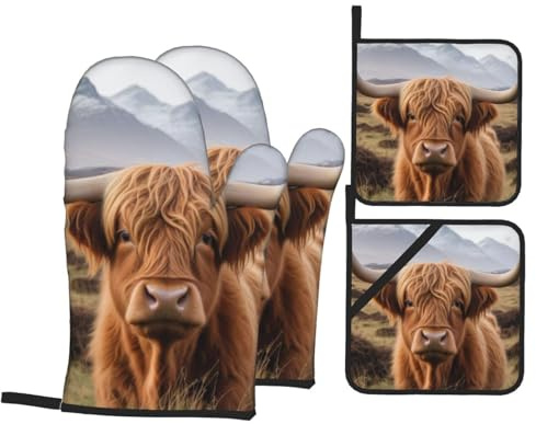 Ofenhandschuhe und Topflappen, Motiv: Highland Cow, mit Topflappen, rutschfeste Handschuhe, hohe Hitzebeständigkeit, 500 Grad, für Grill, Backen, Kochen, Ofen, Mikrowelle, 4 Stück