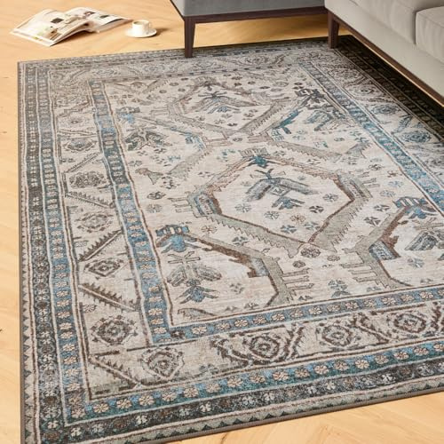 Machine Washable Vintage Greige Cotton Rugs Motif Patterned Stain Resistant Liquid Repellent Living Area Bedroom Rug 200cm x 290cm (6ft 7 x 9ft 6)