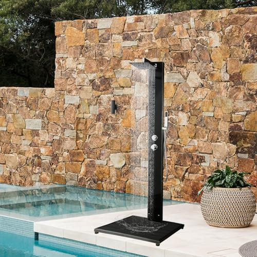Probility Gartendusche Edelstahl 304 und gehärtetem Schwarzglas, mit Einhebelmischer, Überkopfdusche, Handbrause und WPC-Bodenplatte in Anthrazitgrau für Garten, Pool und Außenbereich