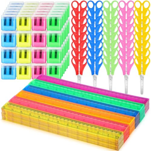 Sayglossy 240-teiliges Schulbedarf-Set für Kinder, enthält 30,5 cm Kunststoff-Lineale, Studenten, Schere, Bleistiftspitzer für Klassenzimmer, Schule, Büro, Schreibtischzubehör, mehrfarbig