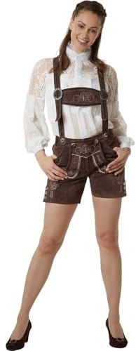 dressforfun Echtleder Lederhose Damen, Kurze Trachtenlederhosen für Damen, Trachtenhose Damen mit Stickereien und Knochenknöpfen, Trachtenmode Damen für Oktoberfest