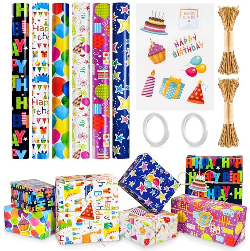 JOYSAL Geschenkpapier Geburtstag 6 Rollen, 43 cm x 300 cm Geschenkpapierrollen Kinder, Recycelbar Geschenk Papier, Birthday Gift Wrapping Paper für alle Geburtstagsanlässe