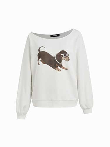CIDER Sweatshirt für Damen, Dackel-Grafik, asymmetrischer Ausschnitt, langärmelig, Frottee-Pullover