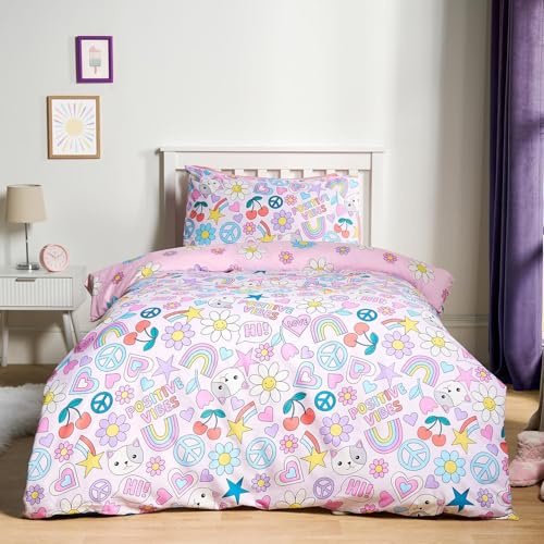 OHS Girls Double Duvet Set, Ultra Soft Microfibre Girls Double Bedding Sets Reversible Kids Bedding Cheerful Positive Vibes Print Double Duvet Cover with Pillowcases, Multi