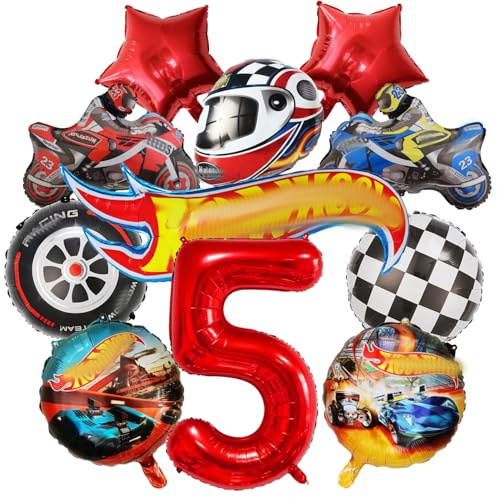 Cars geburtstagsdeko, 11 PCS Rennwagen Folienballons 5 Jahre Junge Helm, Rennauto Ballons, Motorrad, Schwarz-weiß karierte Rennauto Folienballons Set