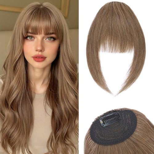 Benehair Clip in Pony Echthaar,Französischer Pony Haarteil Für Damen Tägliches Tragen,Gesicht natürlich umrahmen, 100% Remy Human Hair #6 Hellbraun Bangs 14g