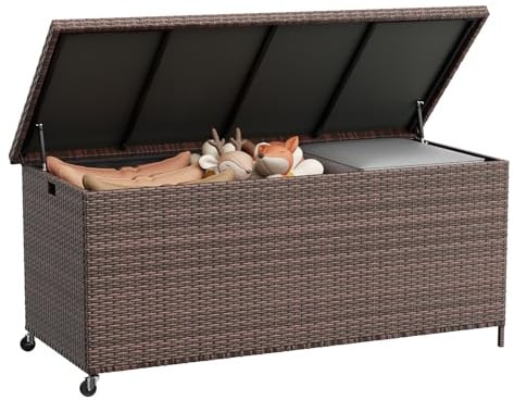 UDPATIO Gartenbox Wasserdicht 480L mit Rollen, Aufbewahrungsbox Garten, Auflagenbox Wetterfest, Kissenbox Outdoor mit Deckel, Gasdruckfedern, Braun