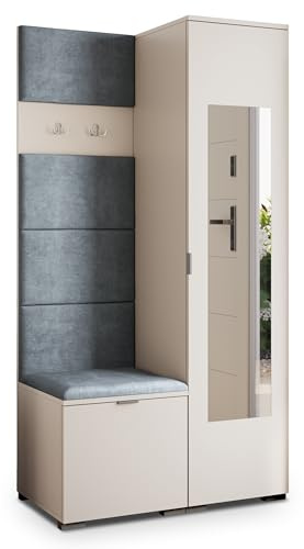Masseno Flugarderoben Set VIRA, Kleiderschrank-Set mit Spiegel und Sitzbank, Garderobenschrank Flur mit 3 Regalböden, Kaschmir