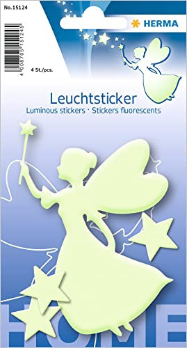 HERMA 15124 Leuchtsterne Kinderzimmer, 4 Stück, selbstklebend, leuchtende Fee Elfe Prinzessin Aufkleber Wandsticker, Leuchtsticker aus Plastik zur Sternenhimmel Dekoration für Kinder Mädchen Jungen