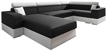 mb-moebel Ecksofa Sofa Eckcouch Couch mit Schlaffunktion und Zwei Bettkasten Ottomane U-Form Schlafsofa Bettsofa Polstergarnitur Georg SUPER (Schwarz + Weiß, Ecksofa Rechts)