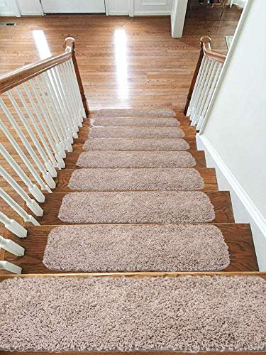 Soft Shaggy Carpet Stair Treads NON-SLIP MACHINE WASHABLE Mats/Rugs, 22x67cm, 30mm Thickness (Beige, 15)