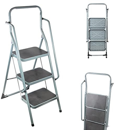 SOLDELA Escabeau 3 Marches XXL Revêtement Antidérapant - Marche Pied Pliable - Acier - Garde-Corps + 2 Rampes de Sécurité - Système de Verrouillage - 130 x 48 CM - Gris