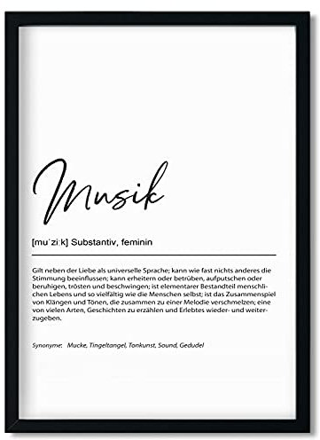 Urhome Kunstdruck Musik Definition in DIN A3 A4 A5 - optional mit Rahmen Schwarz Weiß - Worterklärung wie im Duden Wandbild Wanddeko mit Spruch Holz Rahmen für Wohnung Familie Freunde Geschenk