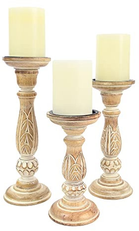 Boston Warehouse Kerzenhalter für Stumpenkerzen, Naturholz, 3-teiliges Set, Used-Look, Weiß