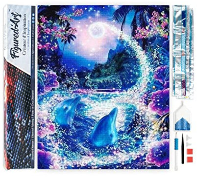 Figured'Art Diamond Painting Erwachsene 40x50cm Ganze Leinwand gerollt Delfine und verzauberter Fluss 5D Bilder Eckige Steine - DIY Set Basteln