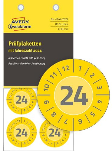 AVERY Zweckform 80 Prüfplaketten mit Jahreszahl 2024 (widerstandsfähig, stark selbstklebend, Ø 30 mm, Prüfaufkleber, beschriftbare Prüfsiegel aus Vinyl-Klebefolie) Art. 6944-2024, gelb