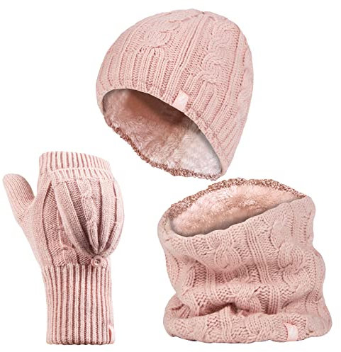 HEAT HOLDERS - Damen Extra Warm Mütze, Handschuhe und Halswärmer Set für Winter mit Fleece Gefüttert (Einheitsgröße, Dusky Rosa)