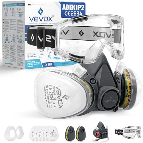 VEVOX® Atemschutzmaske ABEK1P2 – Halbmaske mit Gas- und Staubfilter | Wiederverwendbare Halbmaske gegen Gase, Dämpfe und Feinstaub – als Set mit 6 oder 20 P2-Filtern, Schutzbrille enthalten