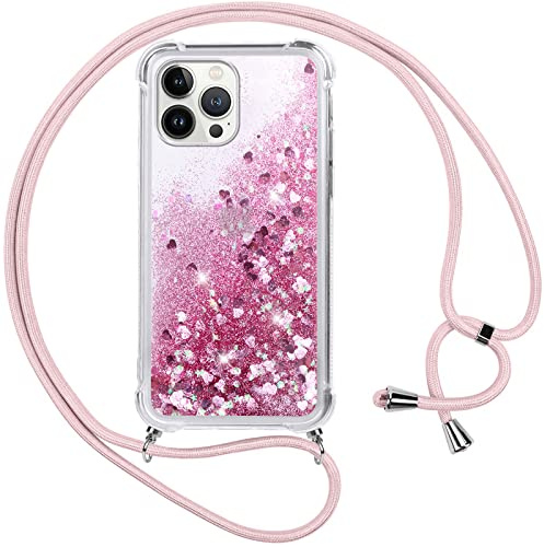Vauki Cover iPhone 13 Pro Max con Cordino,Trasparente Glitter Liquido Antiurto Brillantini Tracolla Custodia,Silicone Bumper Laccio Sabbie Donna Protettivo Case per iPhone 13Pro Max,Rosa