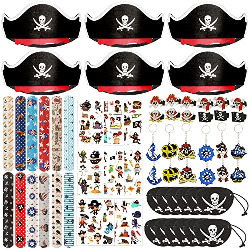 HOWAF Piraten Kindergeburtstag Piraten Mitgebsel Piratenparty, Piratenhut Piraten Augenklappe Kinder Piraten Schnapparmbänder Schlüsselanhänger Ringe Piraten Tattoo Kinder Junge Mädchen Piraten Deko